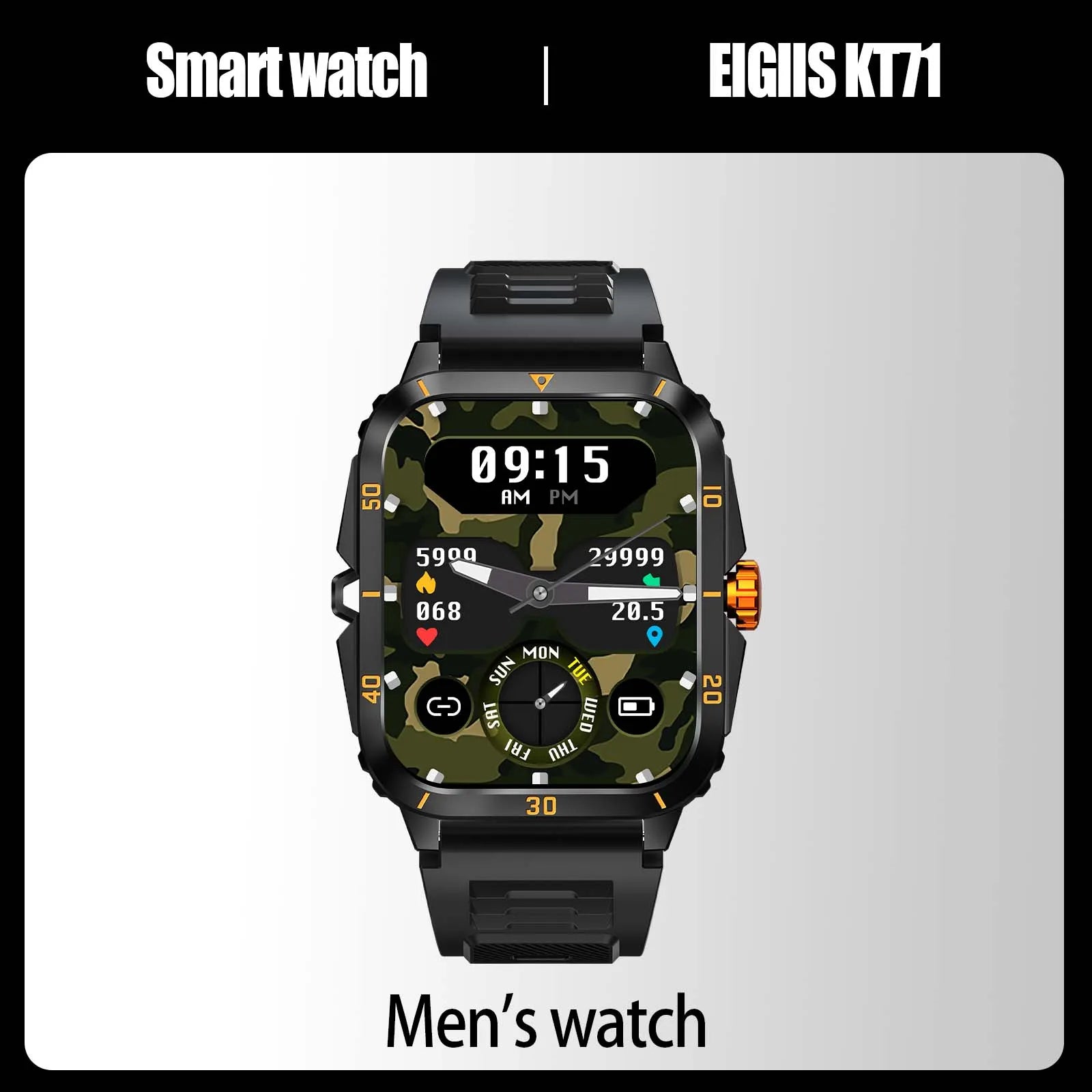EIGIIS Smart Watch 3ATM Waterproof 1.96" IPS Screen Military KT71 Men 100+ Sport Mode Heart Rate Blood Pressure Bluetooth Call